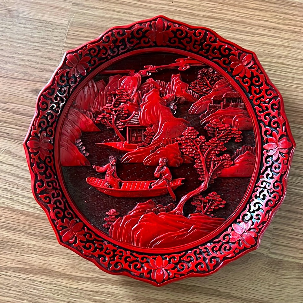 Cinnabar plate chinoiserie red. This detail is amazing! No cracks or chips